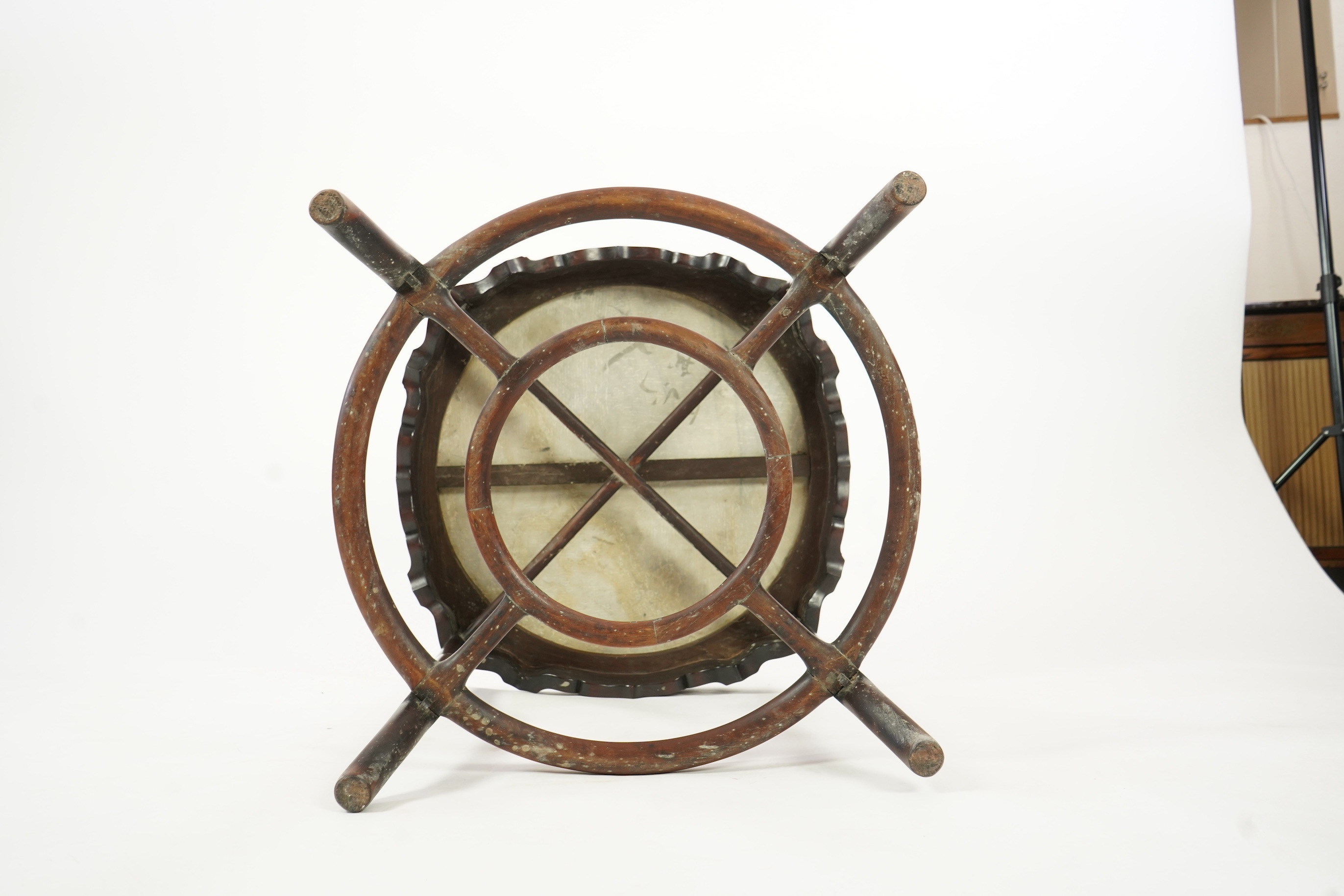 A Chinese dreamstone marble inset hongmu table and four matching stools